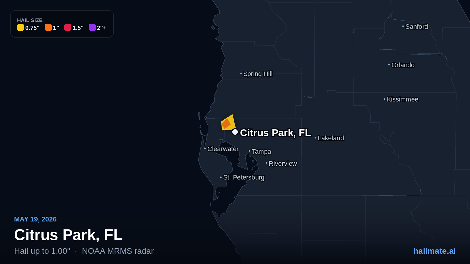 Hail swath map for Citrus Park, FL on May 19, 2026 showing 1.00 inch hail.