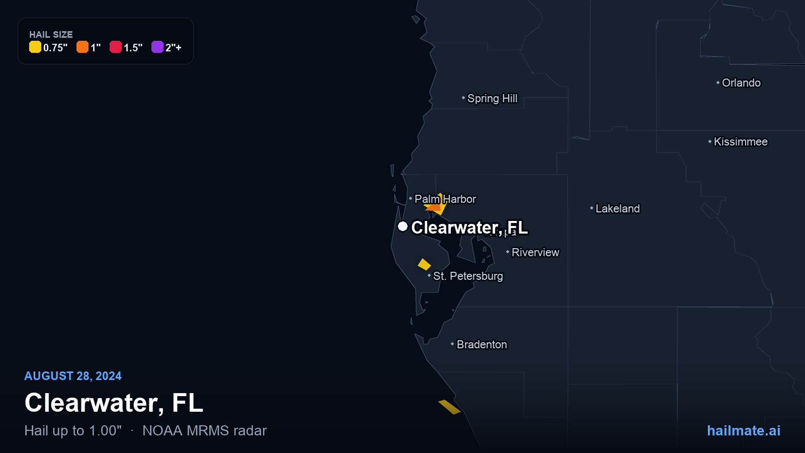 Hail swath map for Clearwater, FL on August 28, 2024 showing 1.00 inch hail.