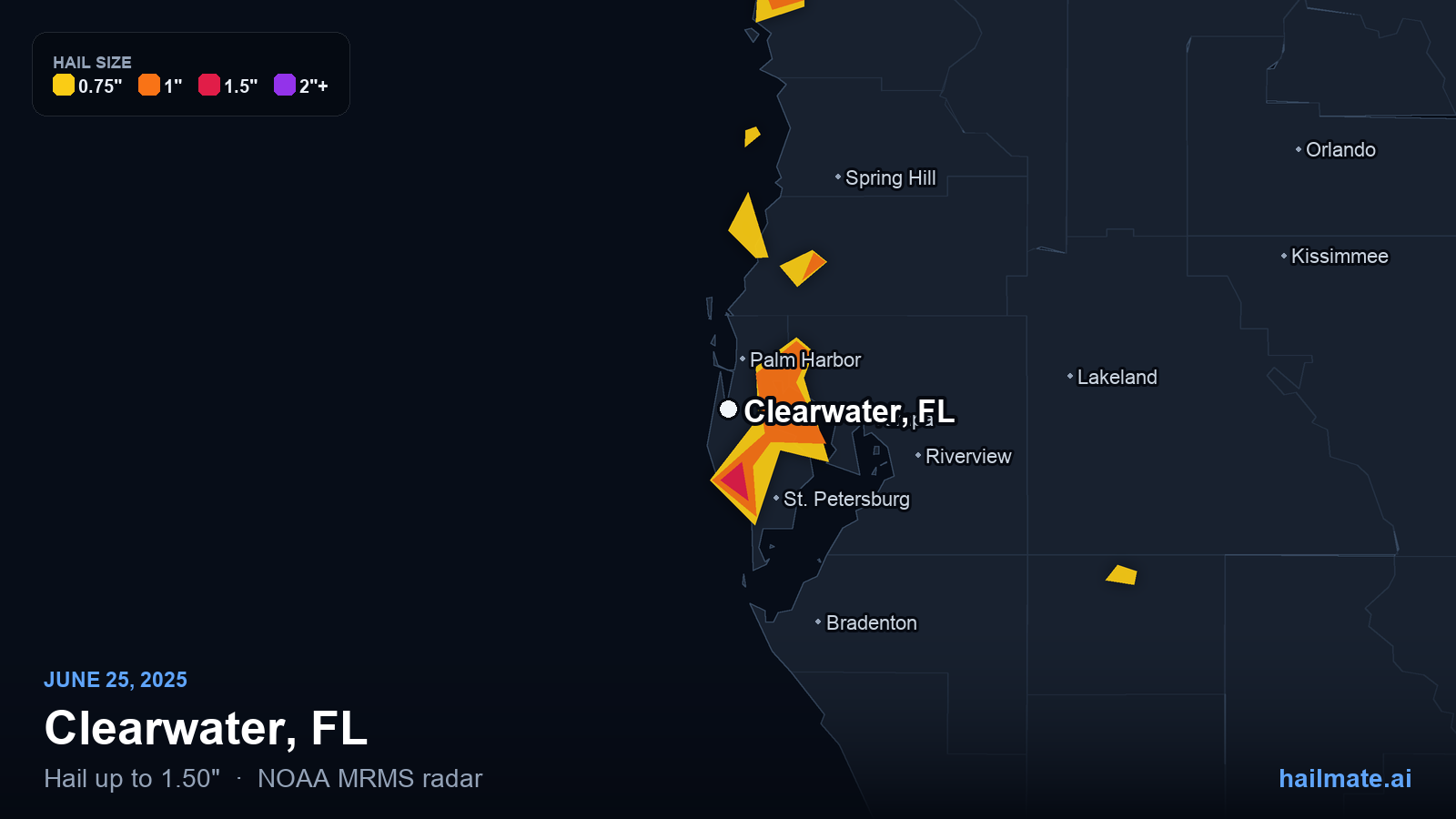 Hail swath map for Clearwater, FL on June 25, 2025 showing 1.50 inch hail.