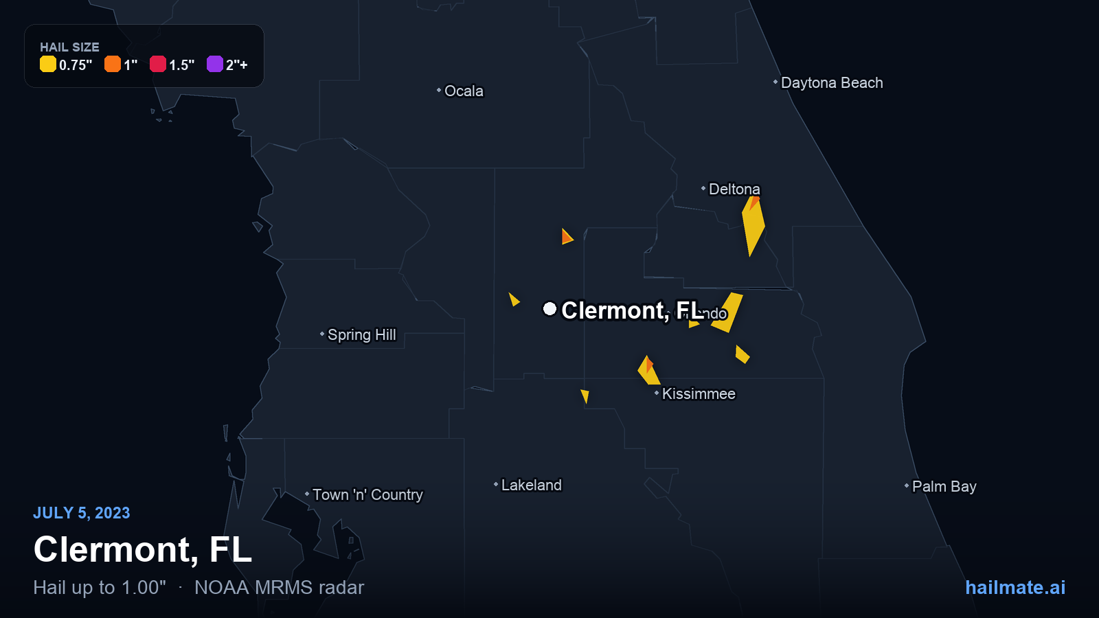 Hail swath map for Clermont, FL on July 5, 2023 showing 1.00 inch hail.