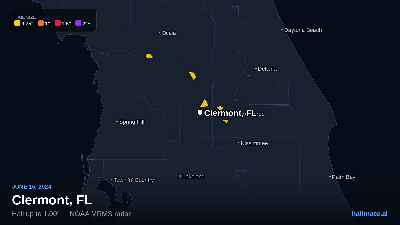 Hail swath map for Clermont, FL on June 15, 2024 showing 1.00 inch hail.