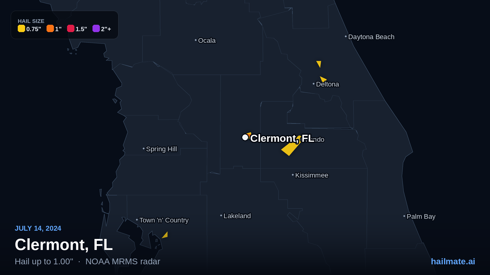 Hail swath map for Clermont, FL on July 14, 2024 showing 1.00 inch hail.