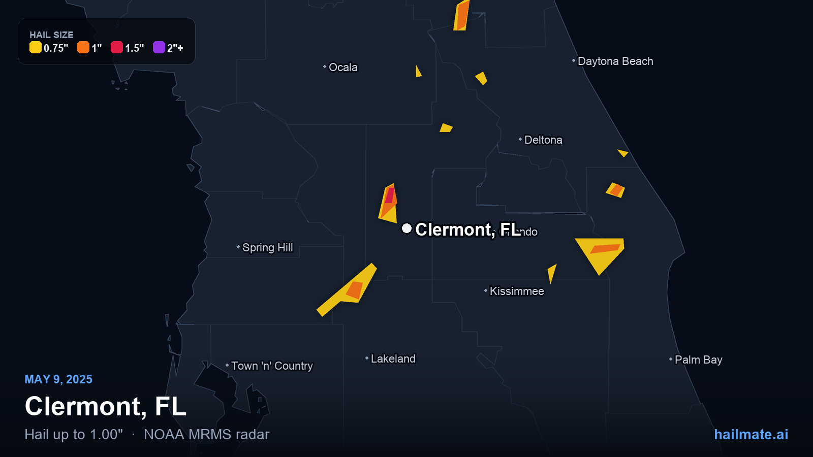 Hail swath map for Clermont, FL on May 9, 2025 showing 1.00 inch hail.