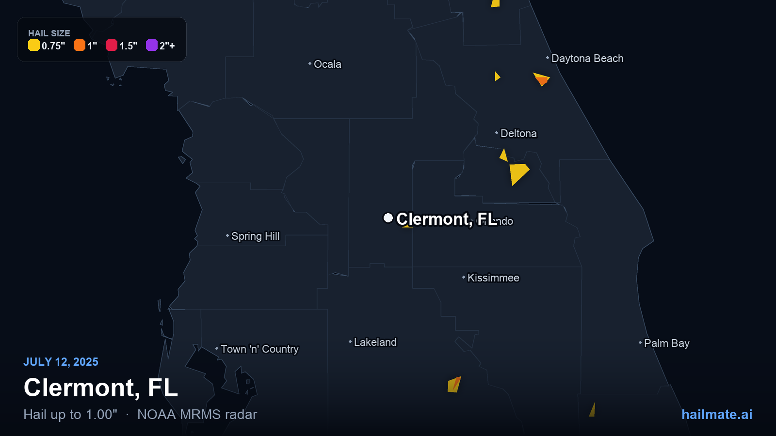 Hail swath map for Clermont, FL on July 12, 2025 showing 1.00 inch hail.