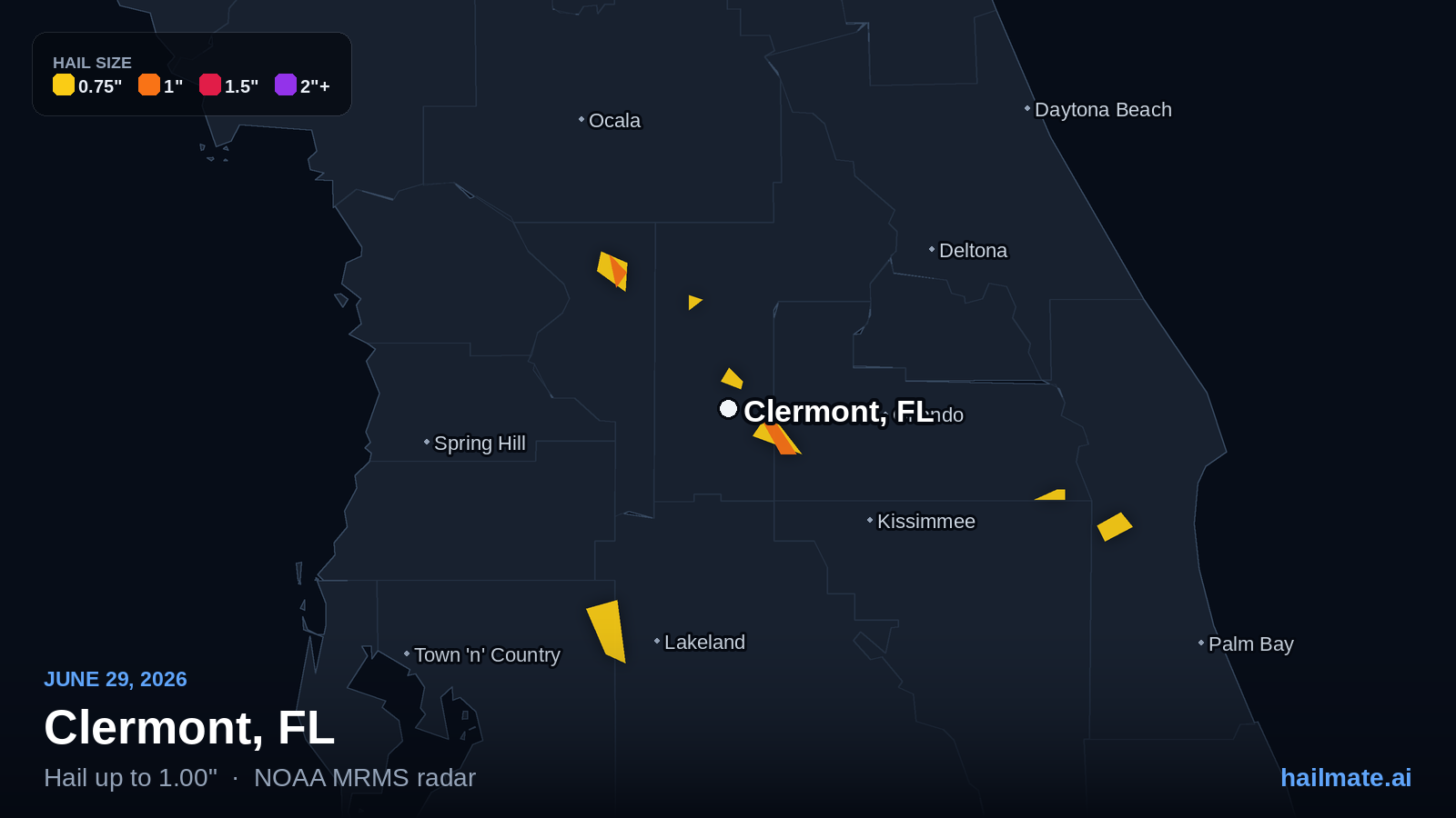 Hail swath map for Clermont, FL on June 29, 2026 showing 1.00 inch hail.