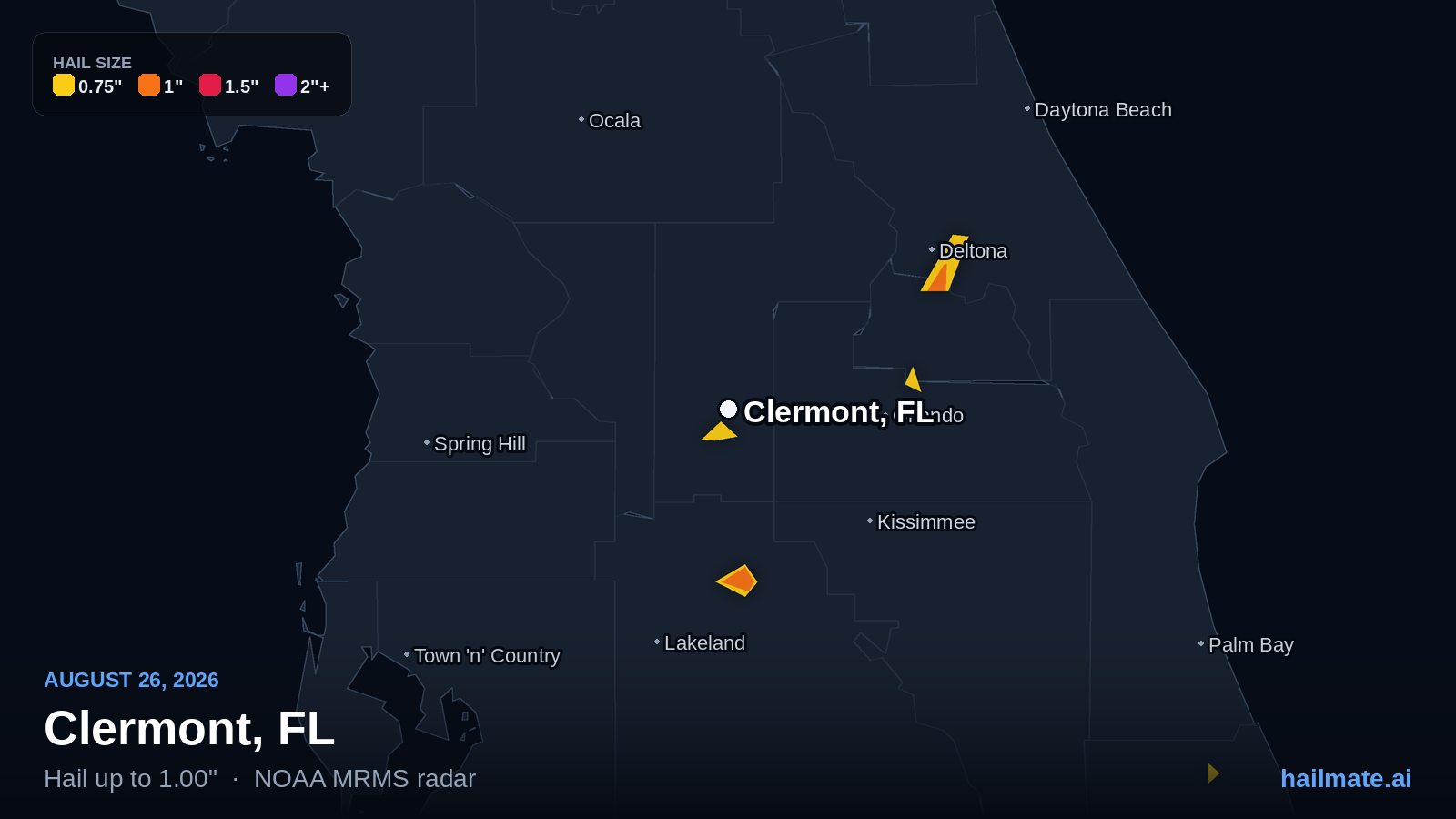 Hail swath map for Clermont, FL on August 26, 2026 showing 1.00 inch hail.