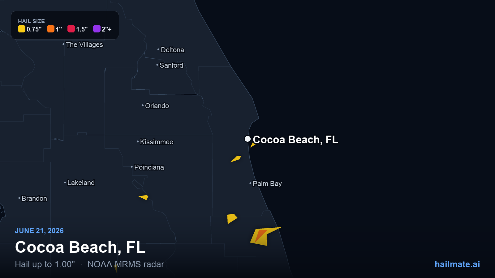 Hail swath map for Cocoa Beach, FL on June 21, 2026 showing 1.00 inch hail.