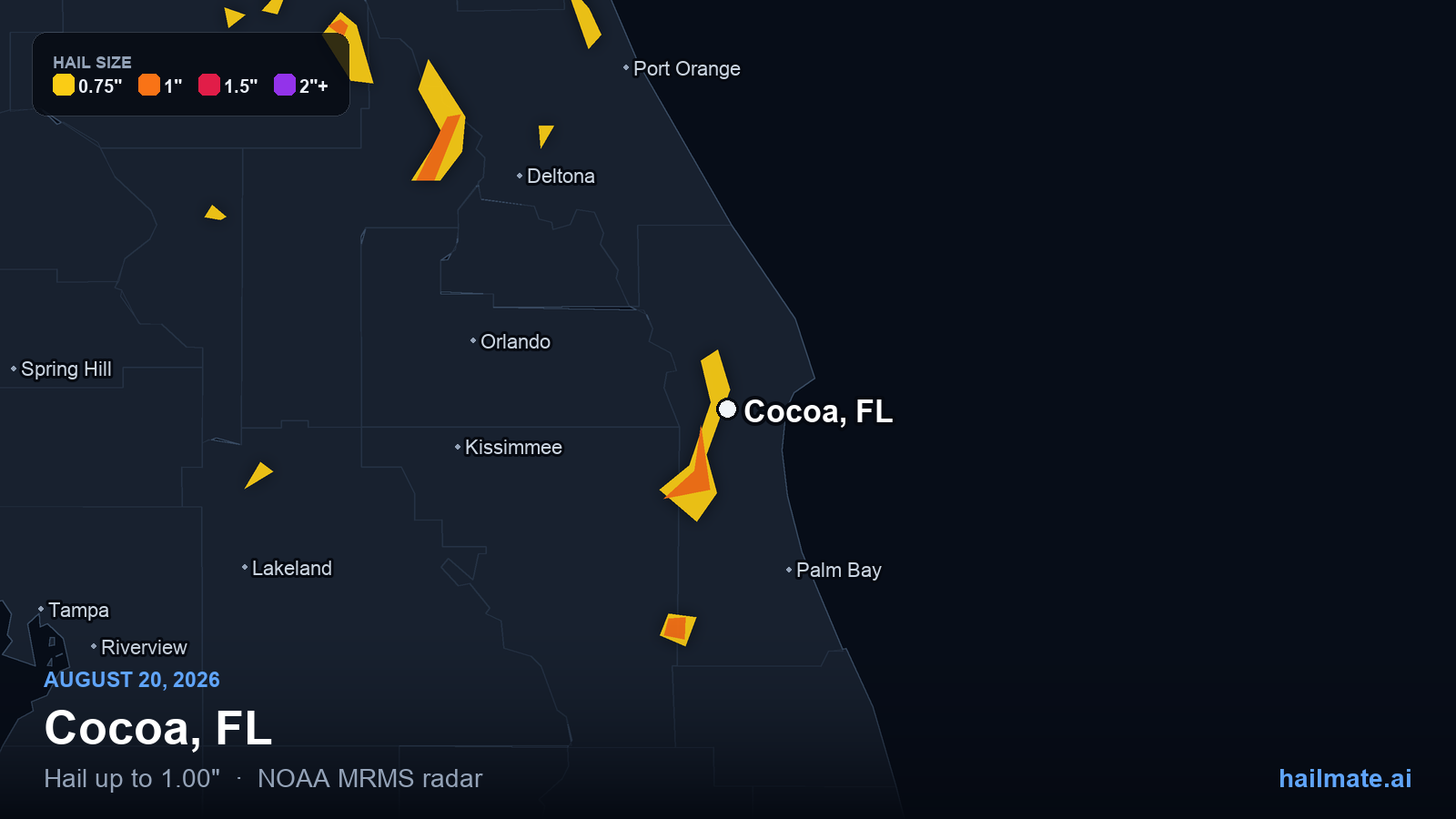 Hail swath map for Cocoa, FL on August 20, 2026 showing 1.00 inch hail.