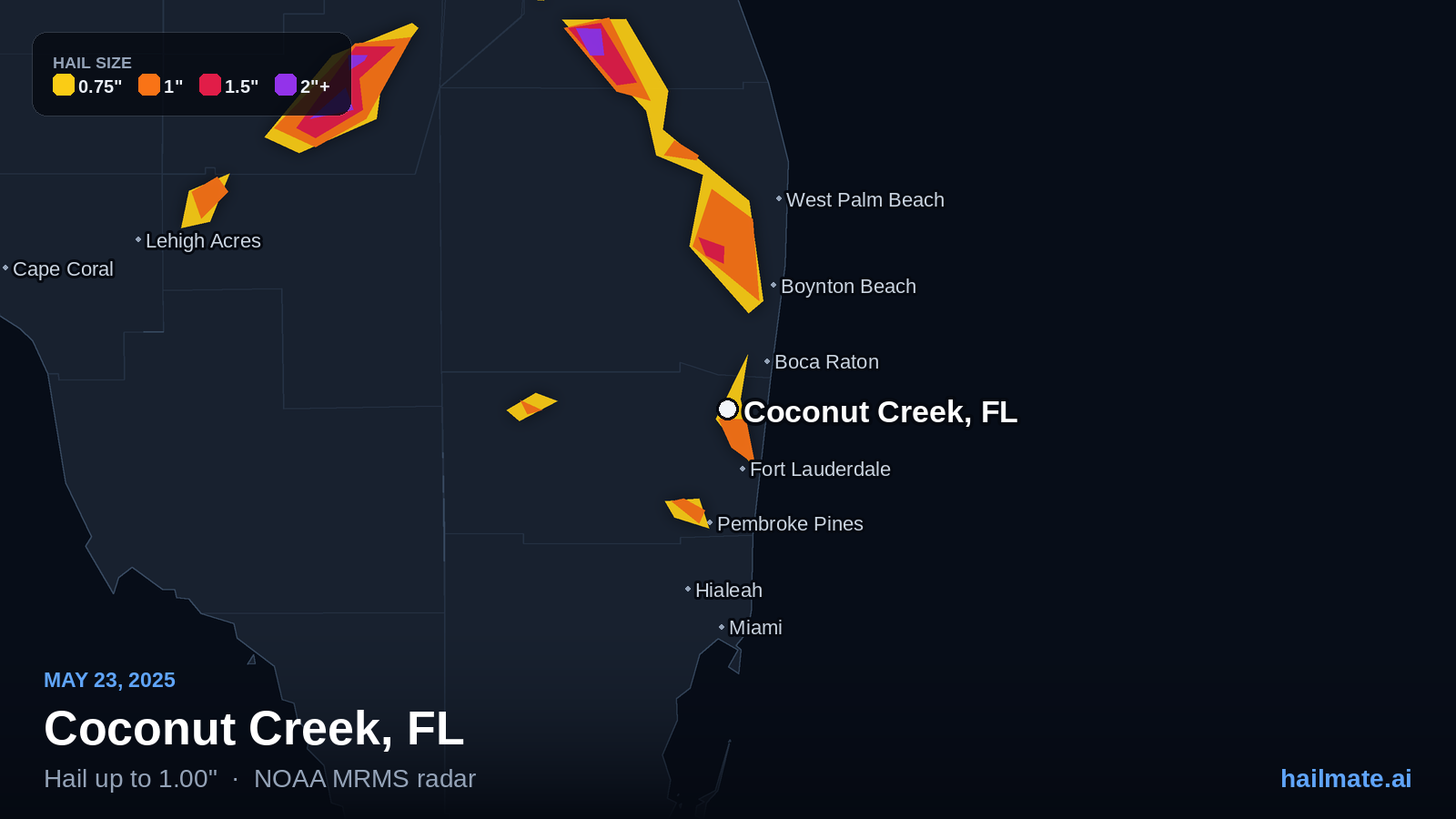 Hail swath map for Coconut Creek, FL on May 23, 2025 showing 1.00 inch hail.