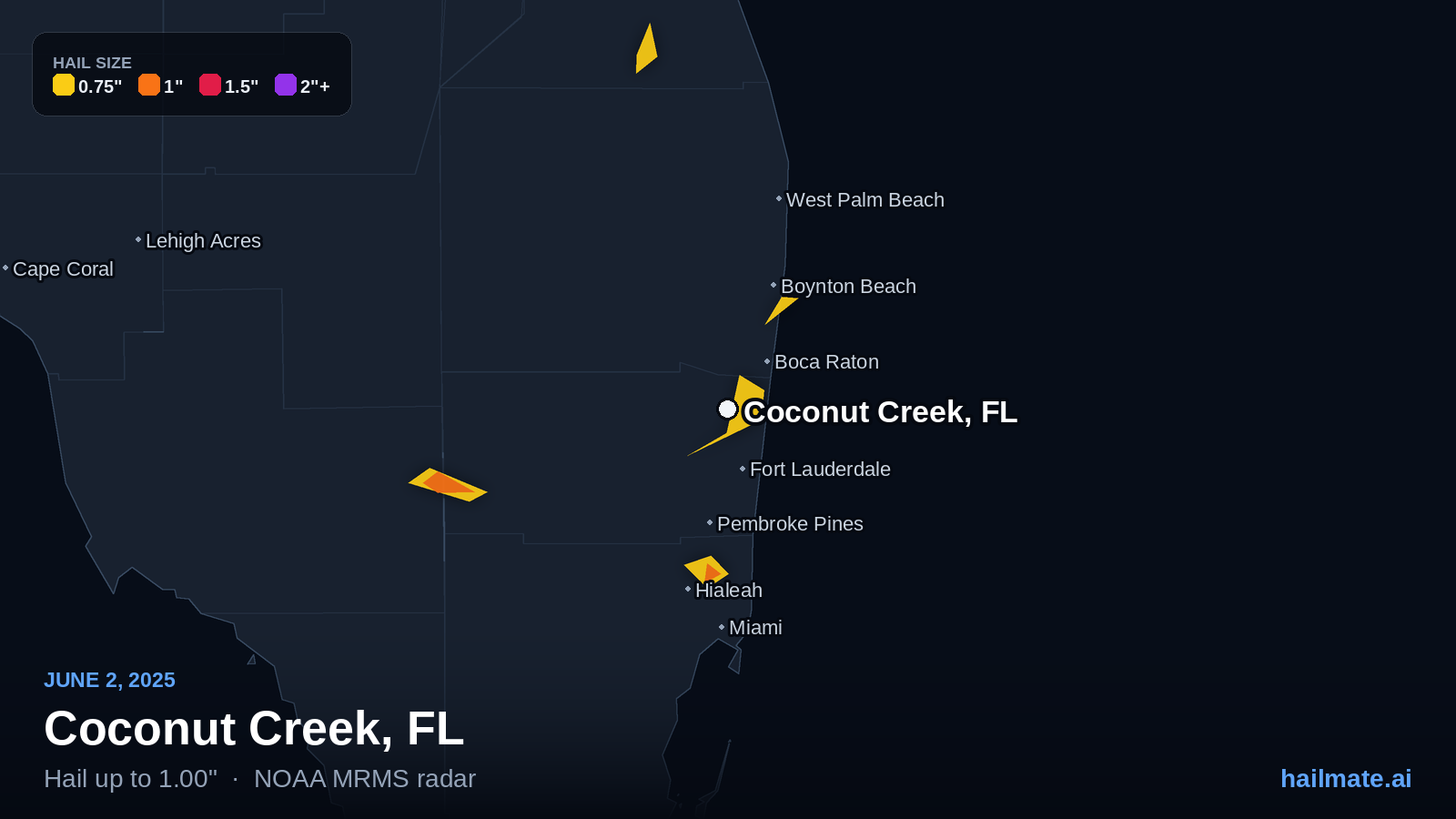 Hail swath map for Coconut Creek, FL on June 2, 2025 showing 1.00 inch hail.