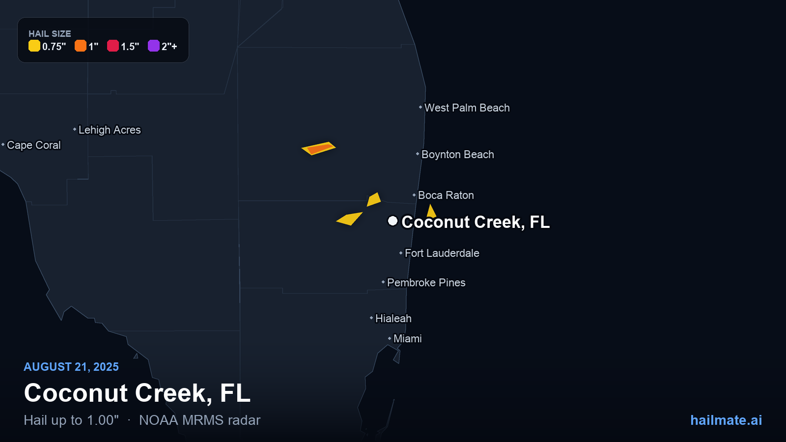 Hail swath map for Coconut Creek, FL on August 21, 2025 showing 1.00 inch hail.
