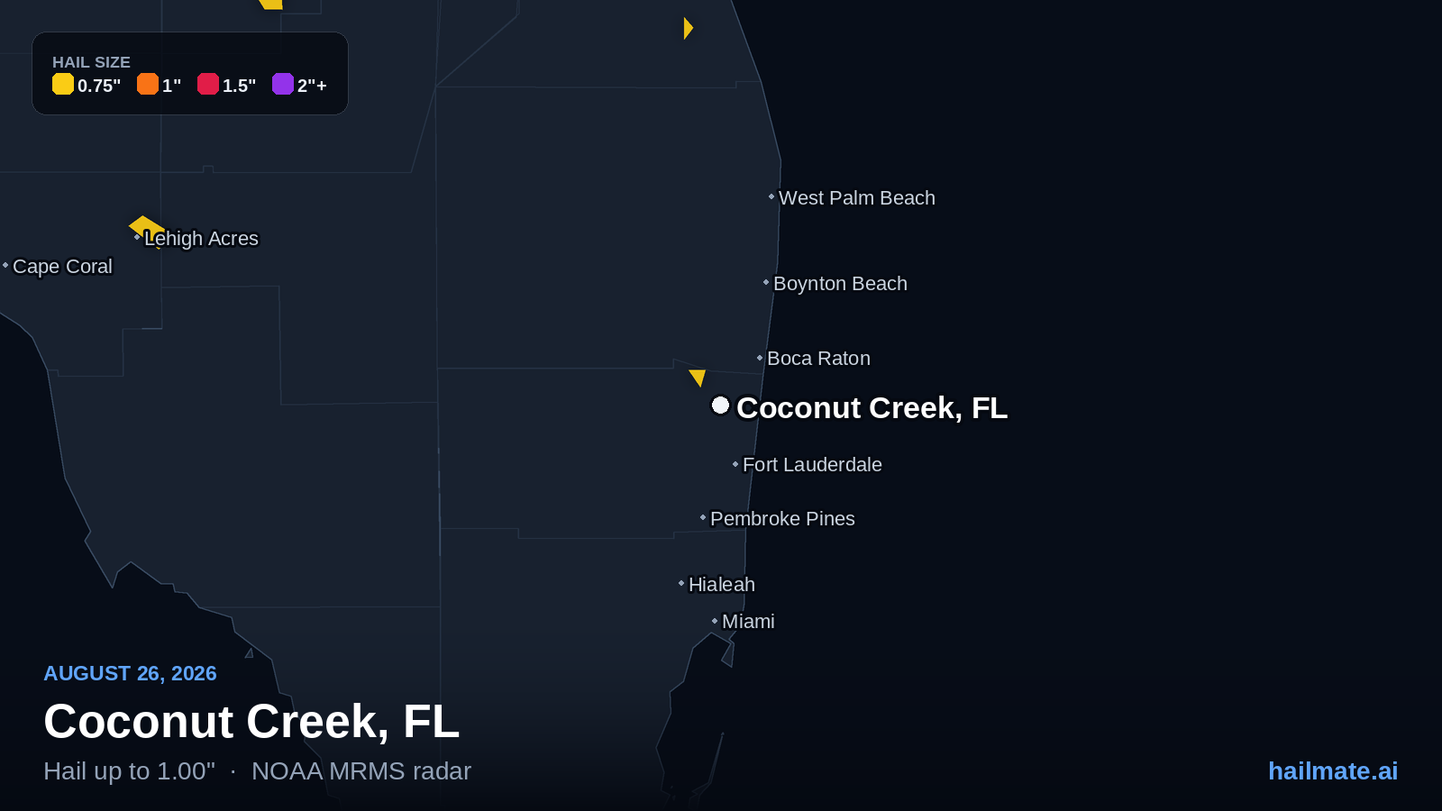 Hail swath map for Coconut Creek, FL on August 26, 2026 showing 1.00 inch hail.