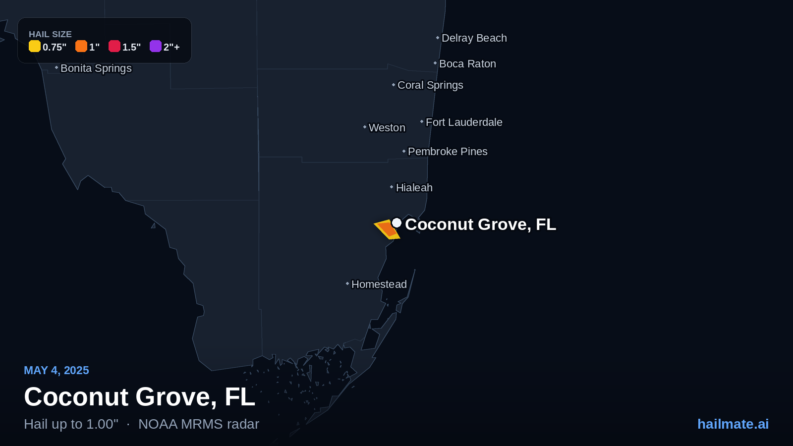 Hail swath map for Coconut Grove, FL on May 4, 2025 showing 1.00 inch hail.