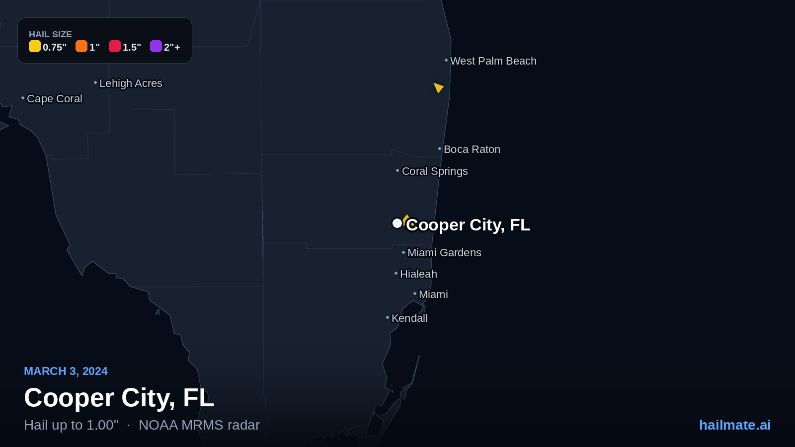 Hail swath map for Cooper City, FL on March 3, 2024 showing 1.00 inch hail.