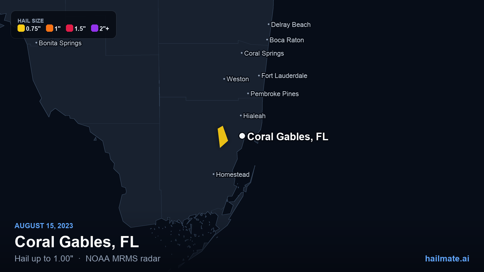 Hail swath map for Coral Gables, FL on August 15, 2023 showing 1.00 inch hail.
