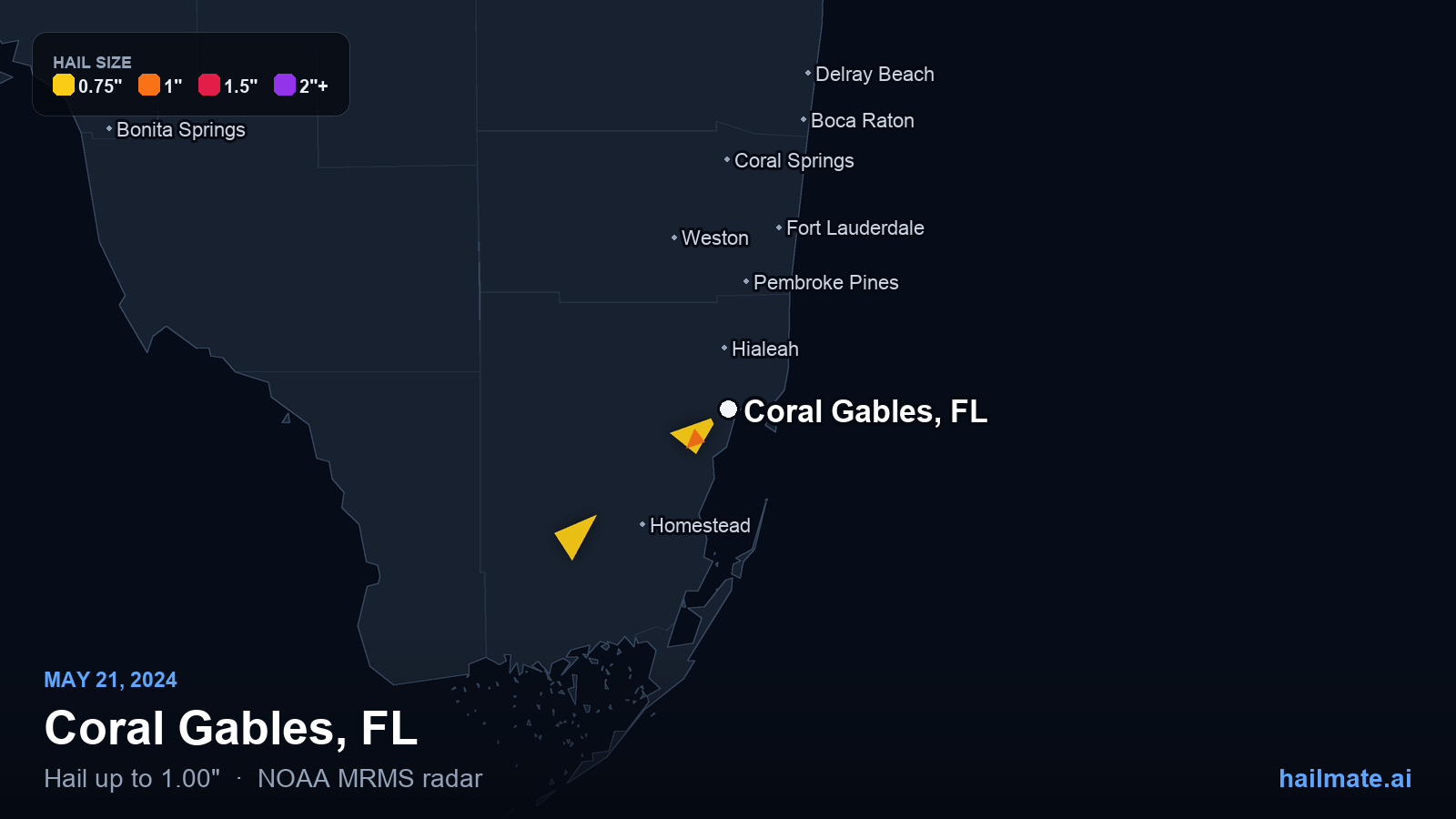 Hail swath map for Coral Gables, FL on May 21, 2024 showing 1.00 inch hail.