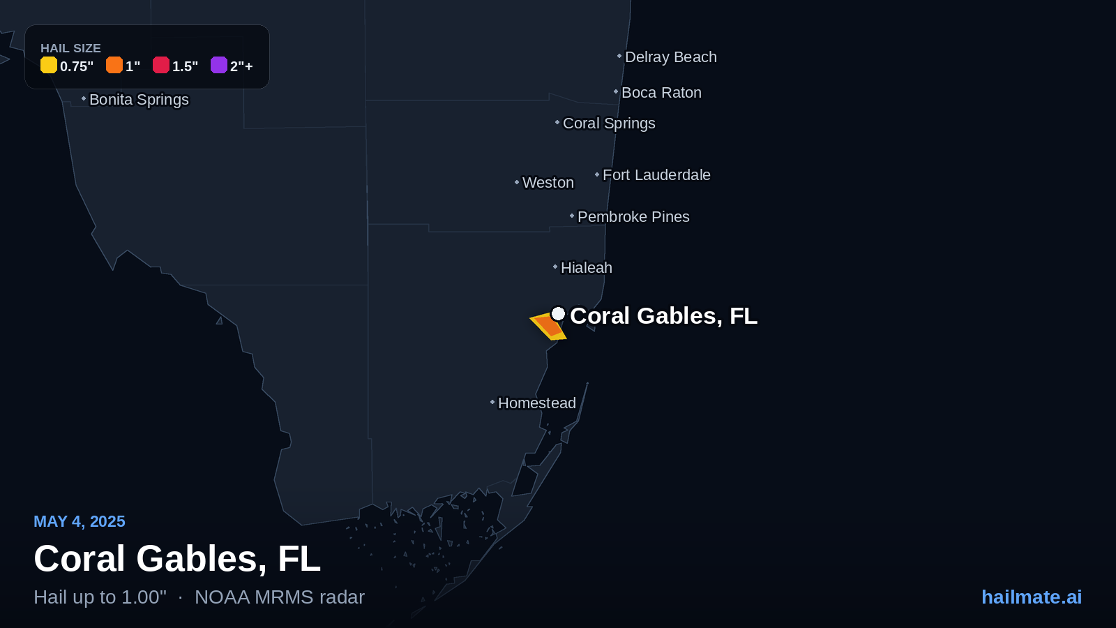 Hail swath map for Coral Gables, FL on May 4, 2025 showing 1.00 inch hail.