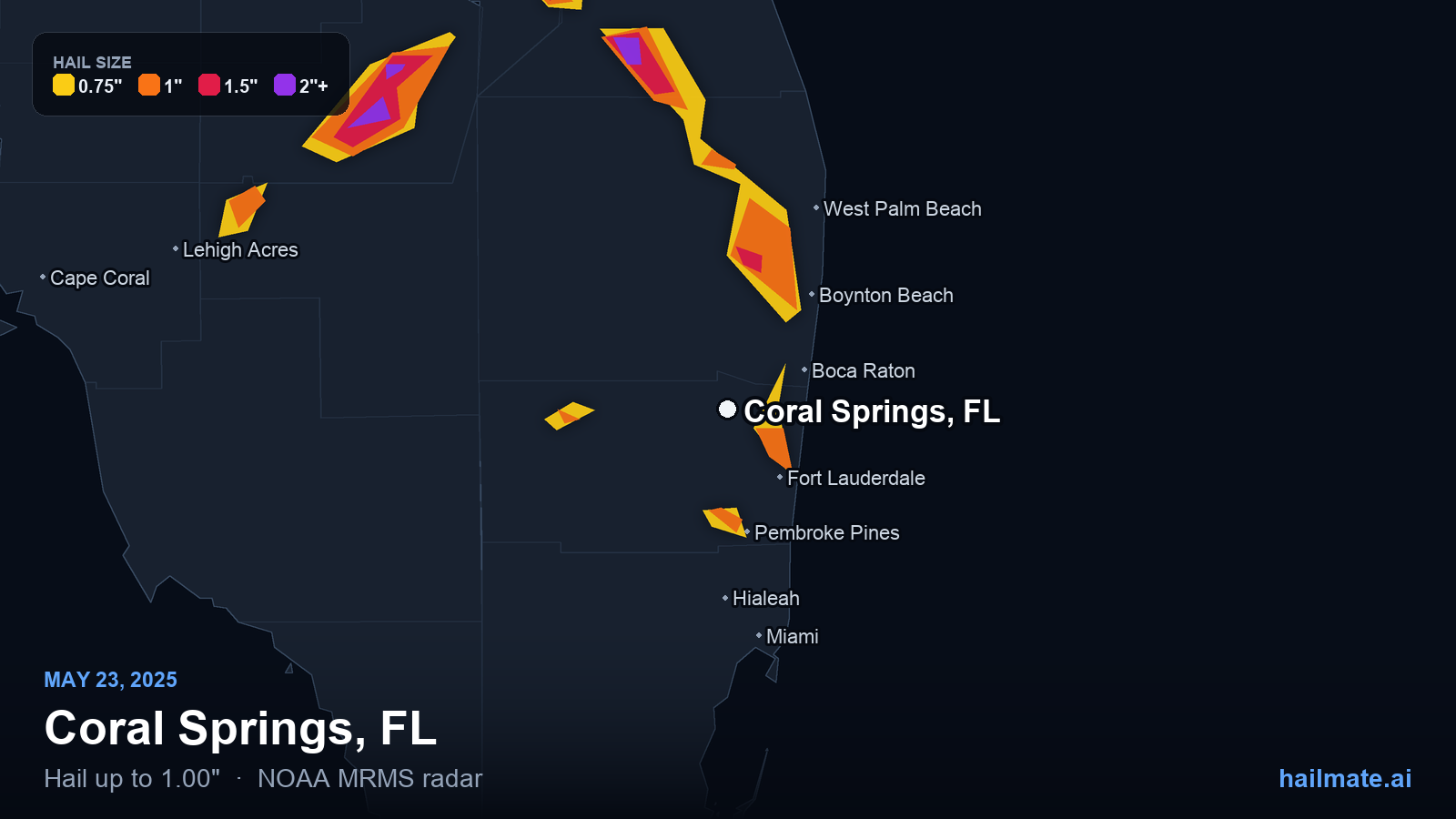 Hail swath map for Coral Springs, FL on May 23, 2025 showing 1.00 inch hail.