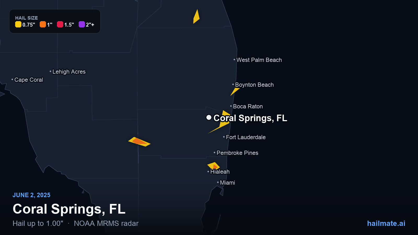 Hail swath map for Coral Springs, FL on June 2, 2025 showing 1.00 inch hail.