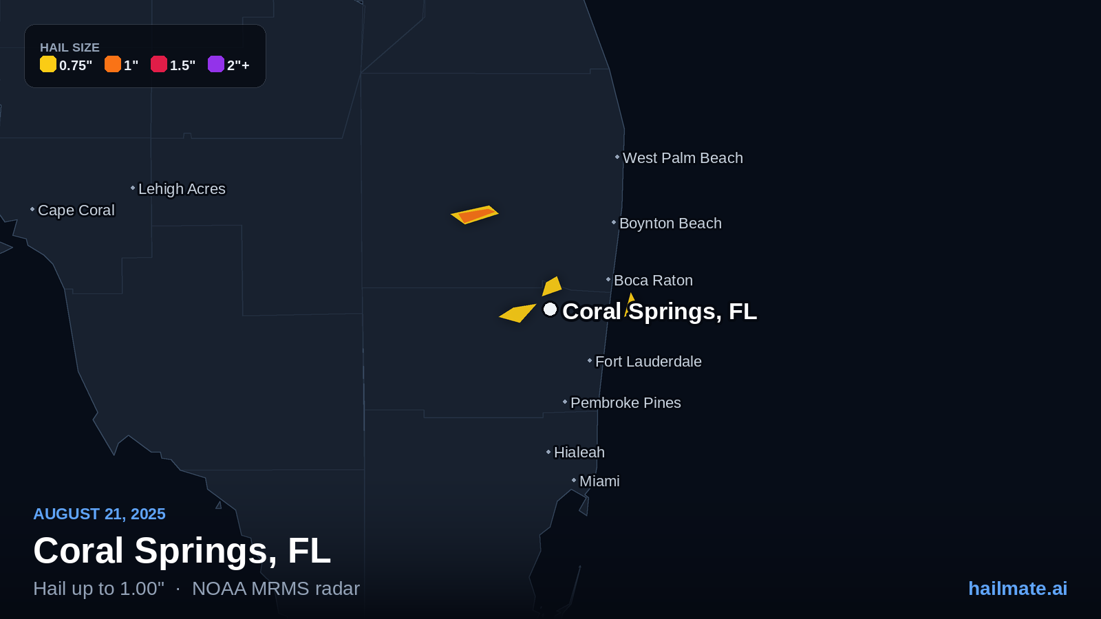 Hail swath map for Coral Springs, FL on August 21, 2025 showing 1.00 inch hail.
