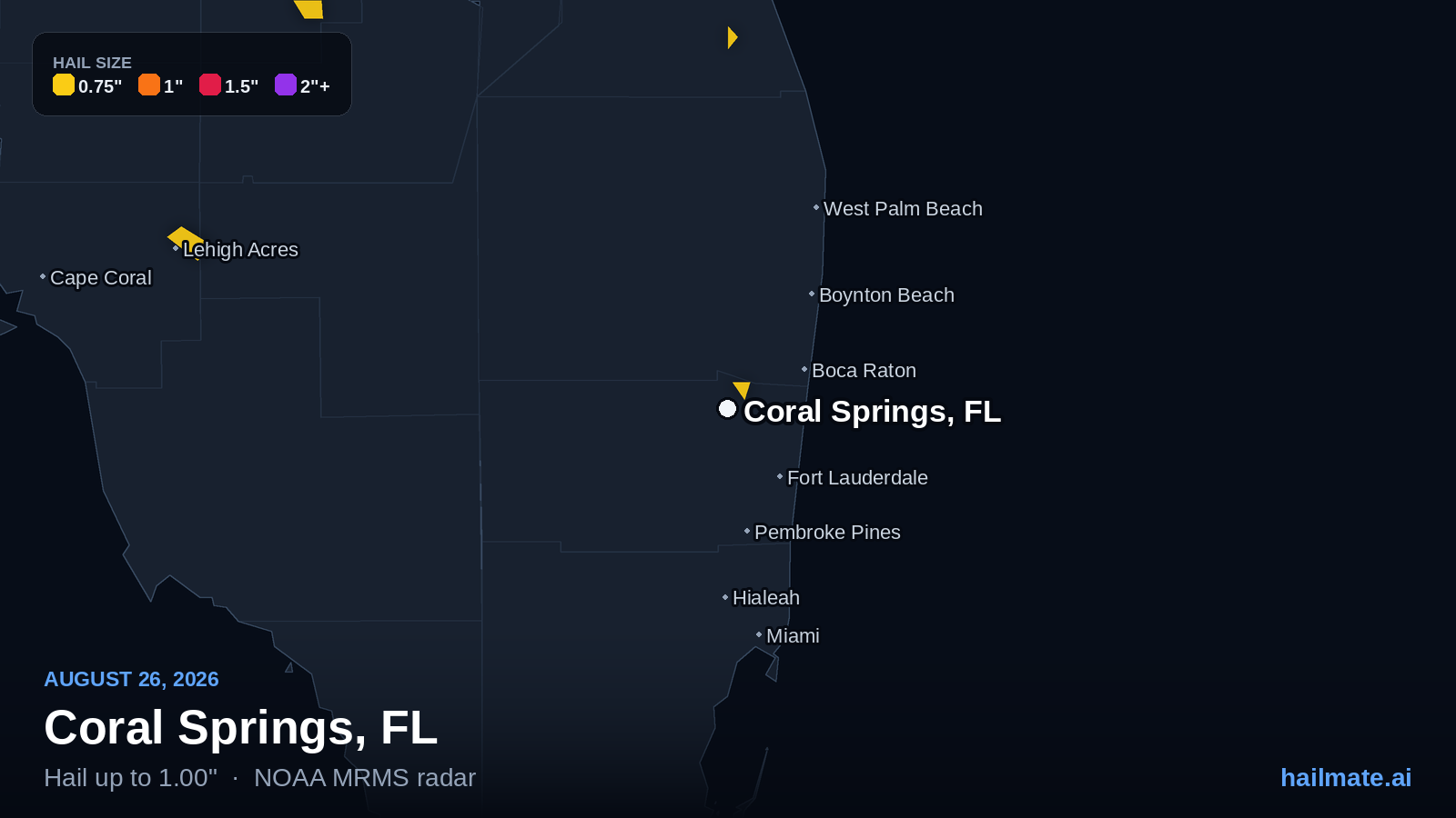 Hail swath map for Coral Springs, FL on August 26, 2026 showing 1.00 inch hail.