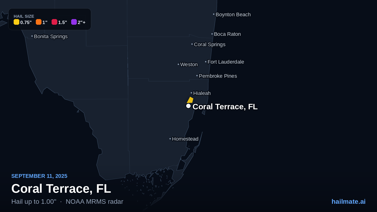 Hail swath map for Coral Terrace, FL on September 11, 2025 showing 1.00 inch hail.