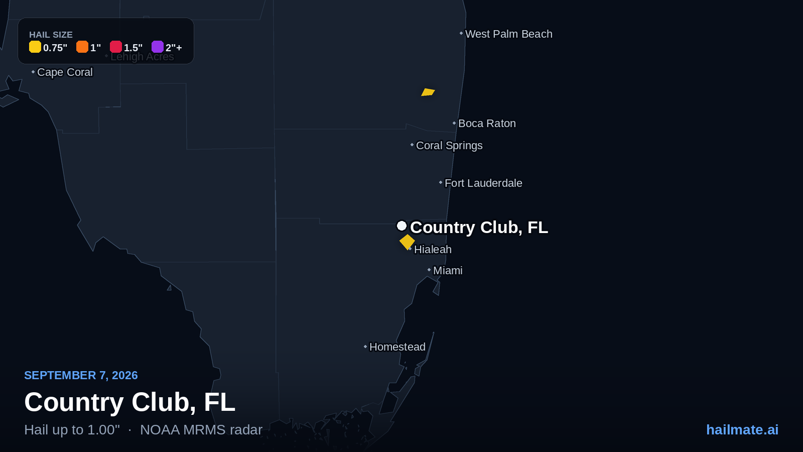 Hail swath map for Country Club, FL on September 7, 2026 showing 1.00 inch hail.