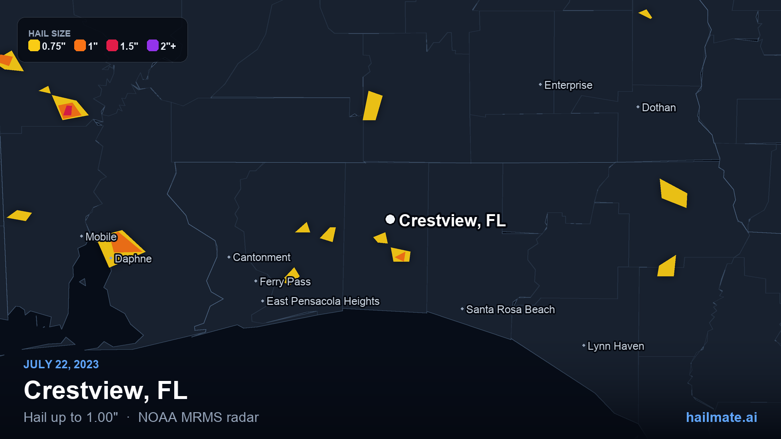 Hail swath map for Crestview, FL on July 22, 2023 showing 1.00 inch hail.