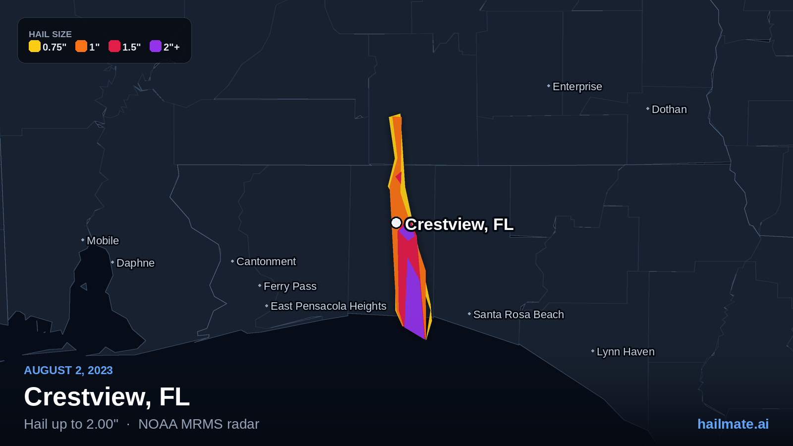 Hail swath map for Crestview, FL on August 2, 2023 showing 2.00 inch hail.
