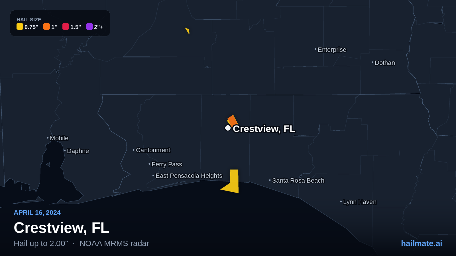 Hail swath map for Crestview, FL on April 16, 2024 showing 2.00 inch hail.