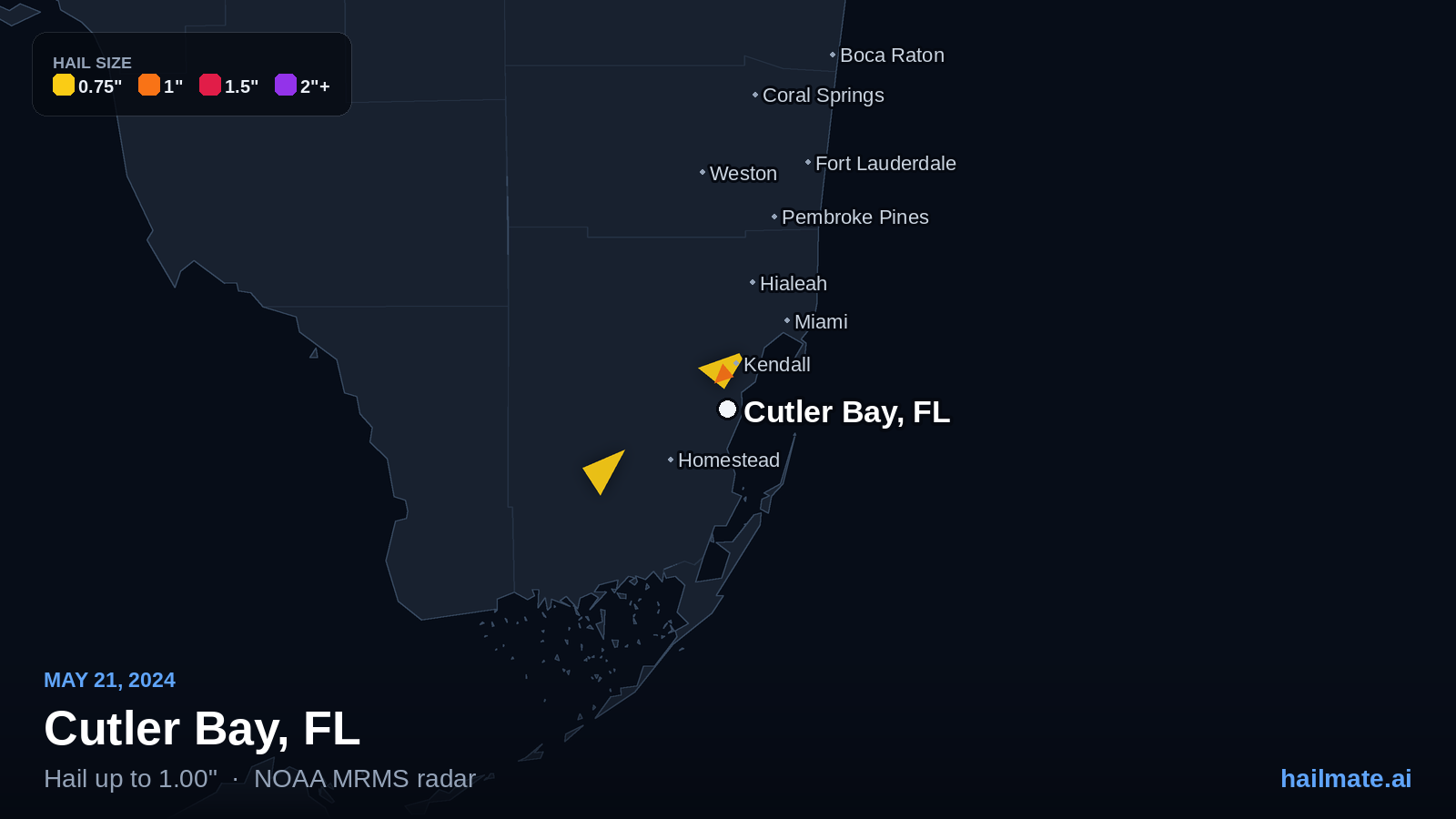 Hail swath map for Cutler Bay, FL on May 21, 2024 showing 1.00 inch hail.