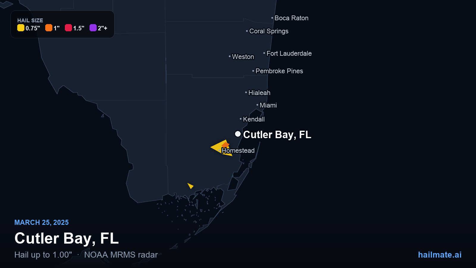 Hail swath map for Cutler Bay, FL on March 25, 2025 showing 1.00 inch hail.