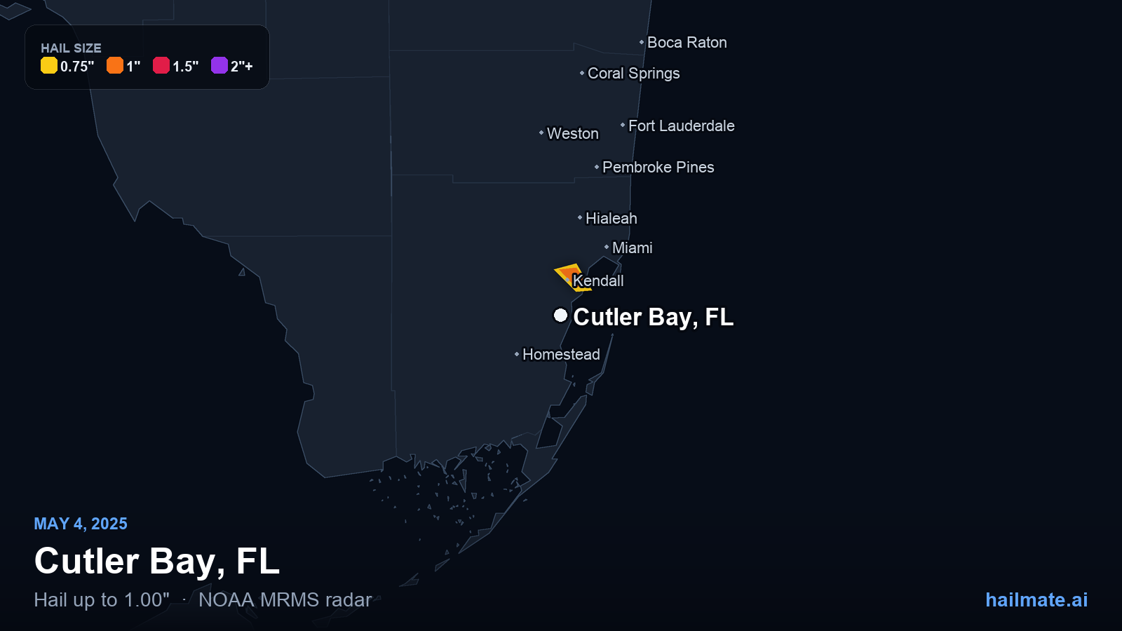 Hail swath map for Cutler Bay, FL on May 4, 2025 showing 1.00 inch hail.