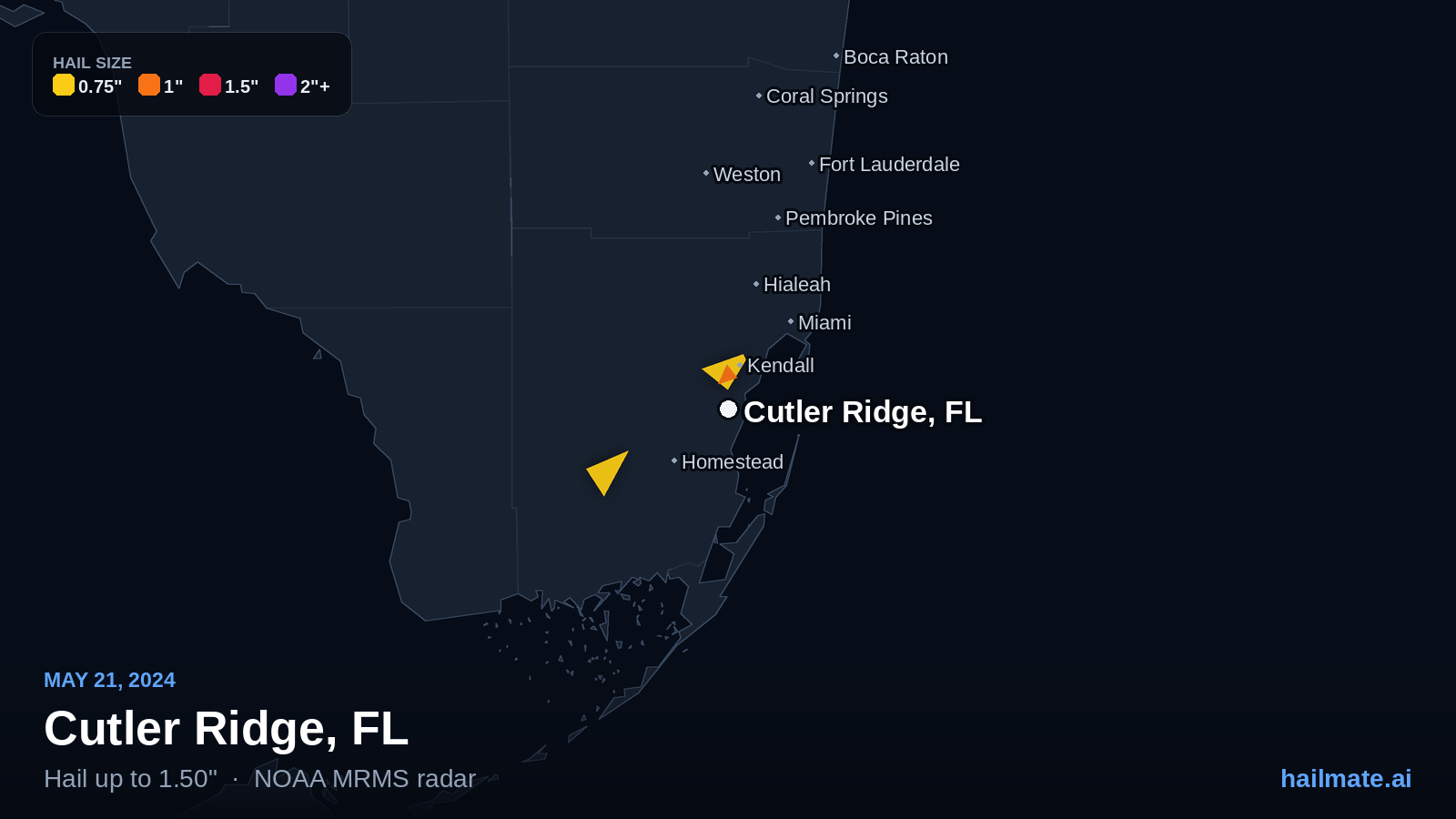 Hail swath map for Cutler Ridge, FL on May 21, 2024 showing 1.50 inch hail.