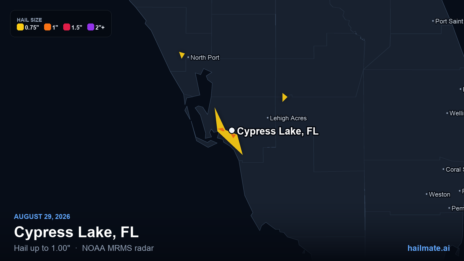 Hail swath map for Cypress Lake, FL on August 29, 2026 showing 1.00 inch hail.