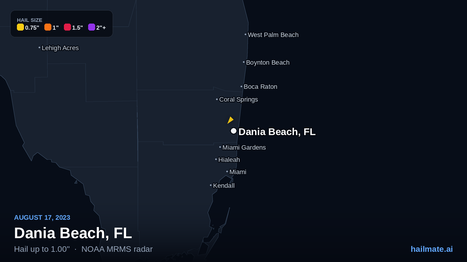 Hail swath map for Dania Beach, FL on August 17, 2023 showing 1.00 inch hail.