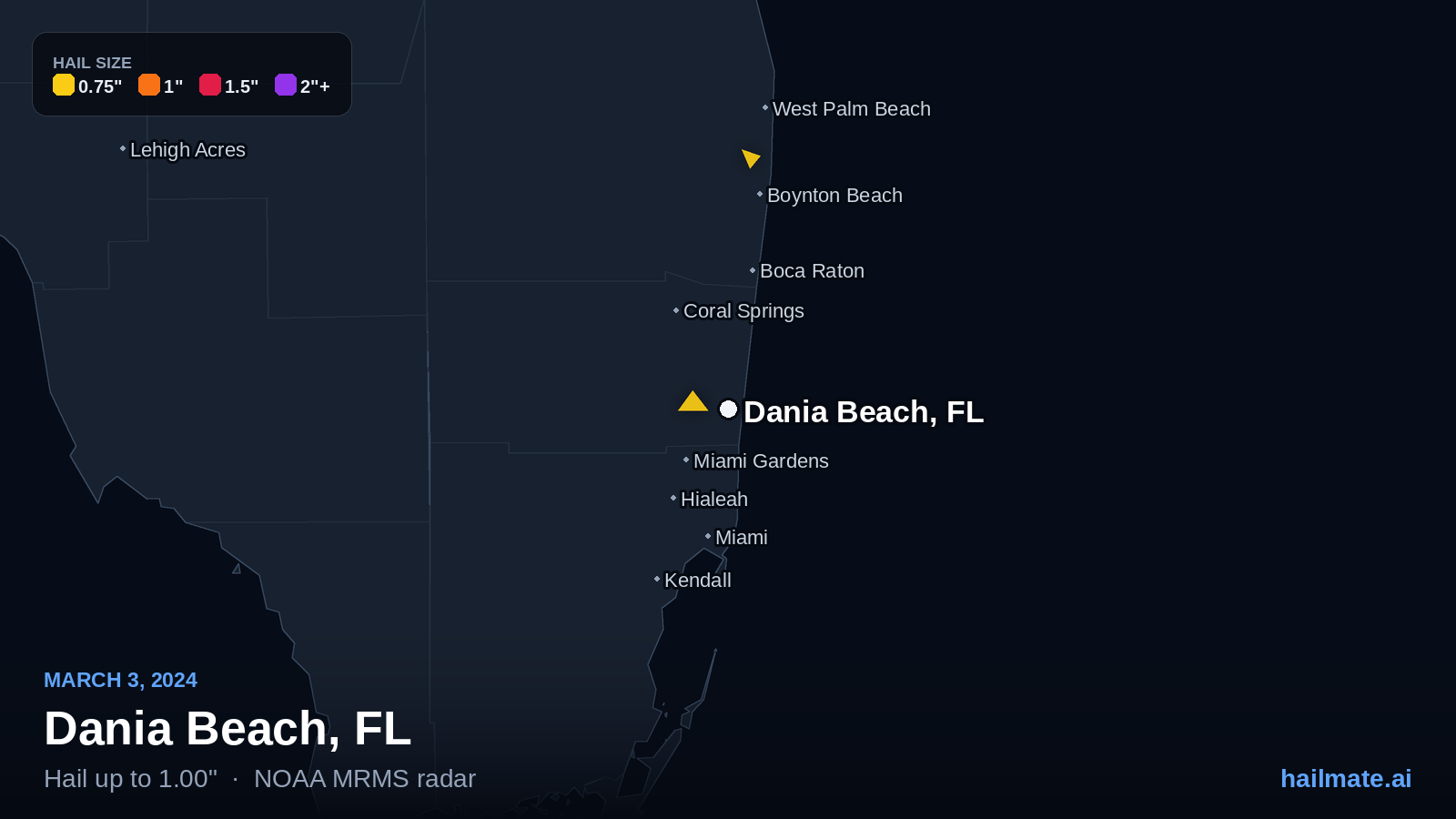 Hail swath map for Dania Beach, FL on March 3, 2024 showing 1.00 inch hail.