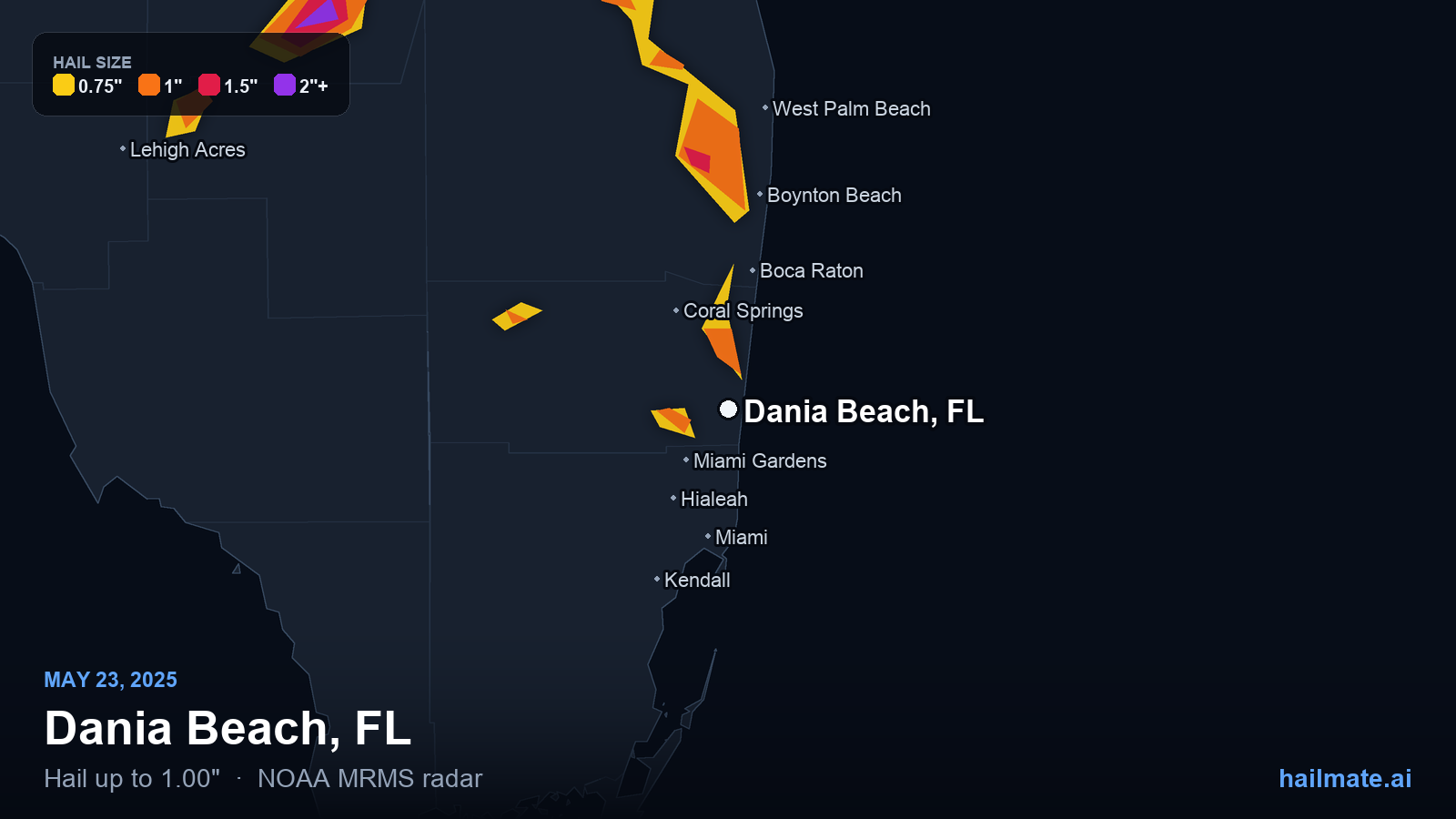 Hail swath map for Dania Beach, FL on May 23, 2025 showing 1.00 inch hail.