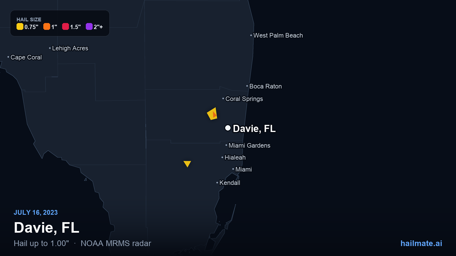 Hail swath map for Davie, FL on July 16, 2023 showing 1.00 inch hail.