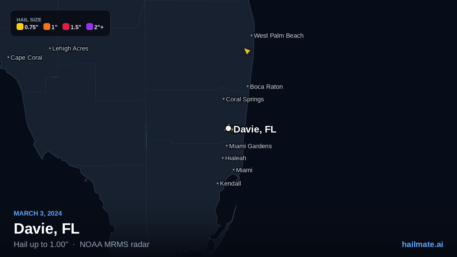 Hail swath map for Davie, FL on March 3, 2024 showing 1.00 inch hail.
