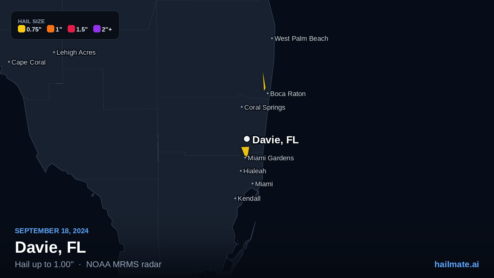 Hail swath map for Davie, FL on September 18, 2024 showing 1.00 inch hail.