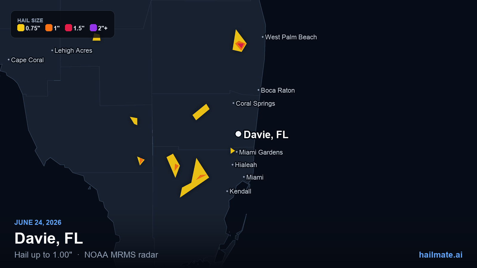 Hail swath map for Davie, FL on June 24, 2026 showing 1.00 inch hail.