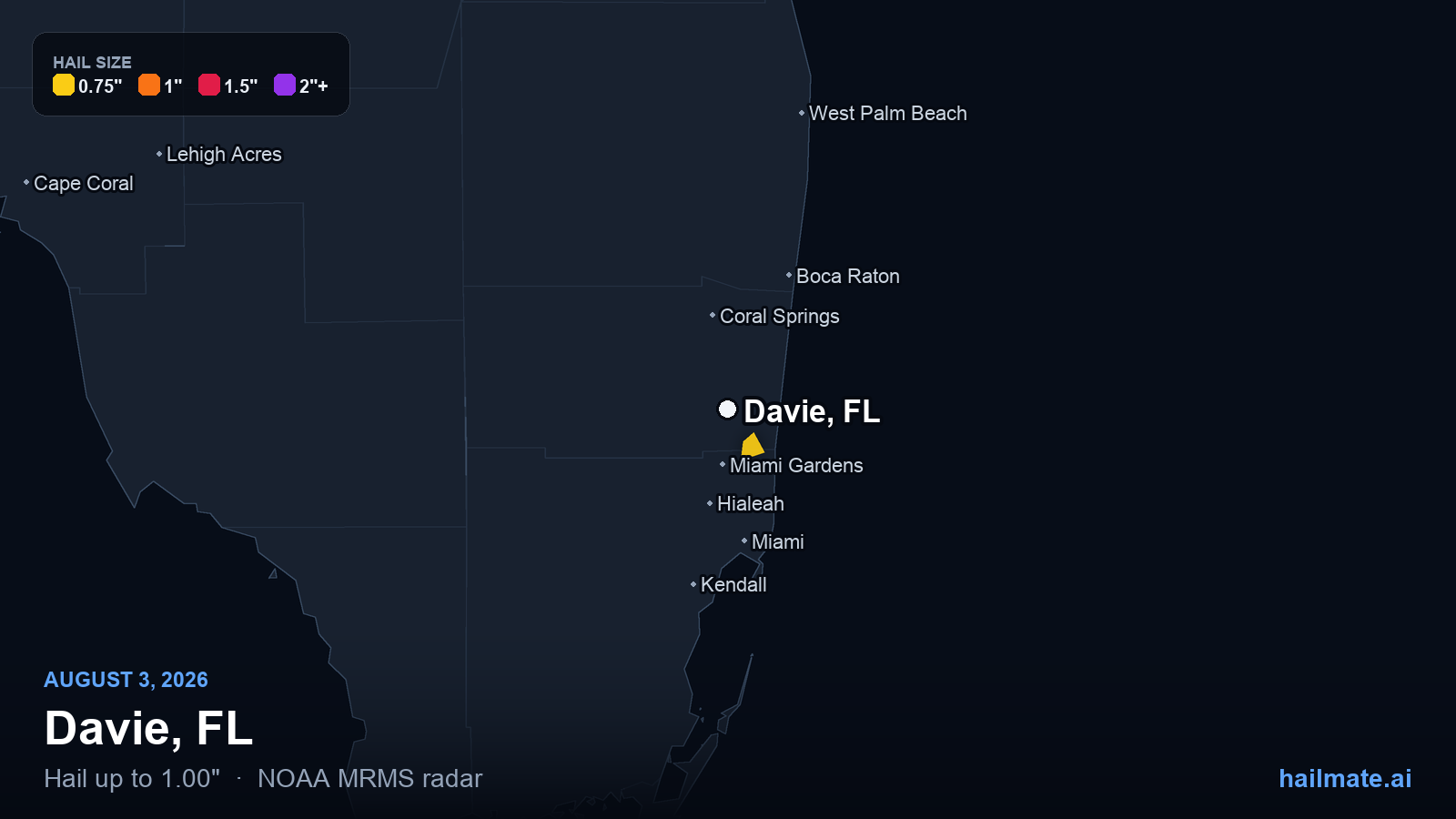 Hail swath map for Davie, FL on August 3, 2026 showing 1.00 inch hail.