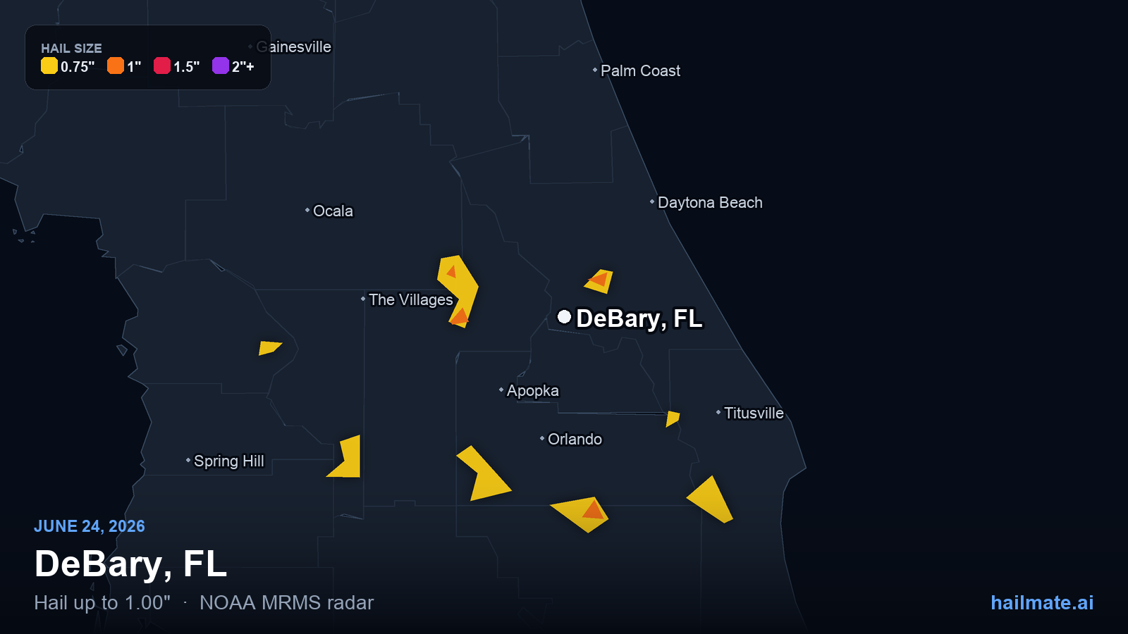 Hail swath map for DeBary, FL on June 24, 2026 showing 1.00 inch hail.