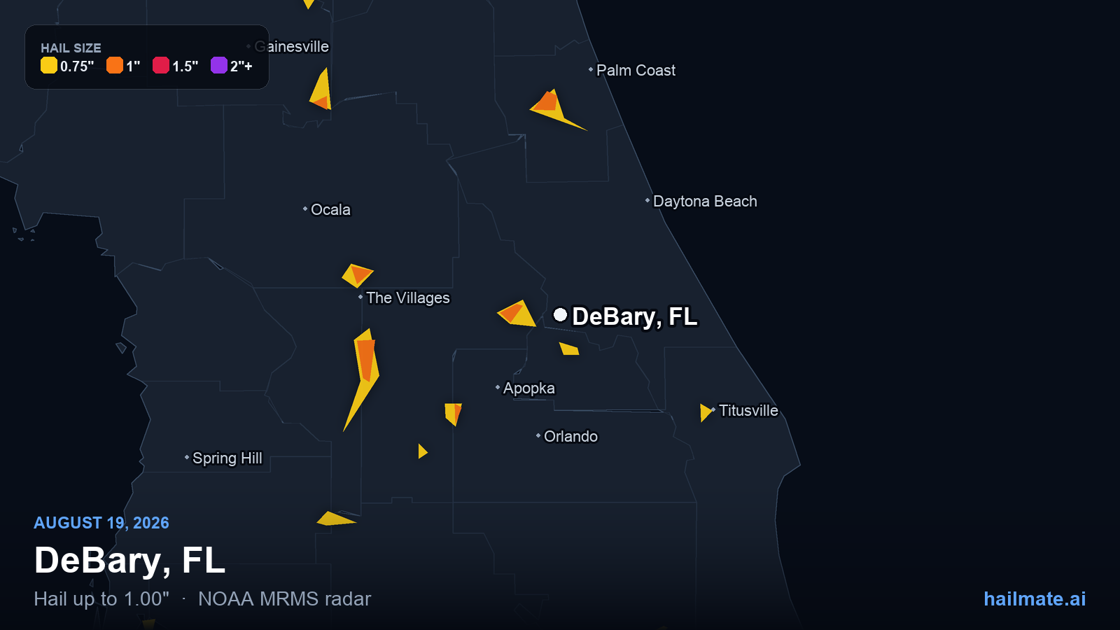 Hail swath map for DeBary, FL on August 19, 2026 showing 1.00 inch hail.