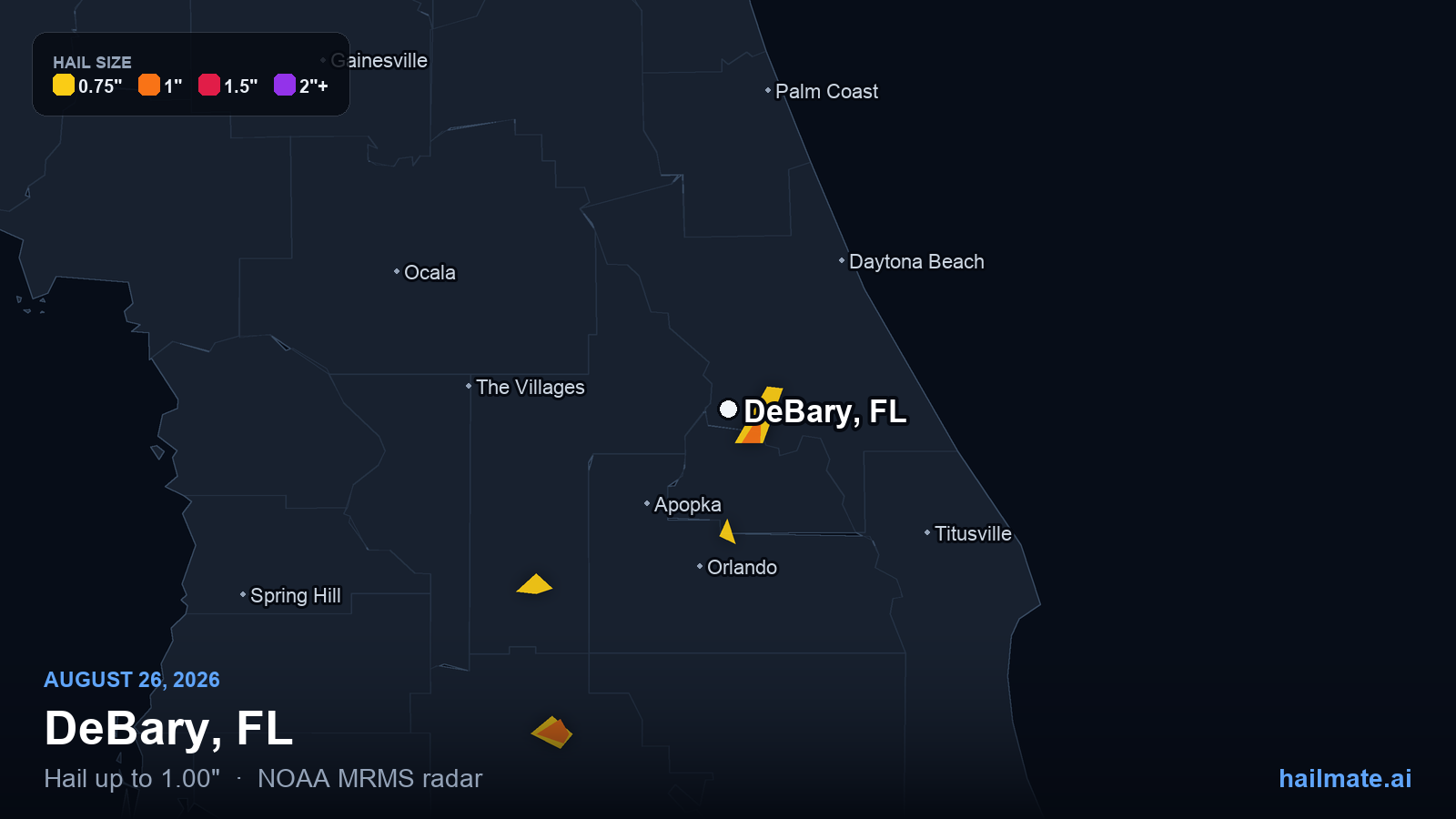 Hail swath map for DeBary, FL on August 26, 2026 showing 1.00 inch hail.