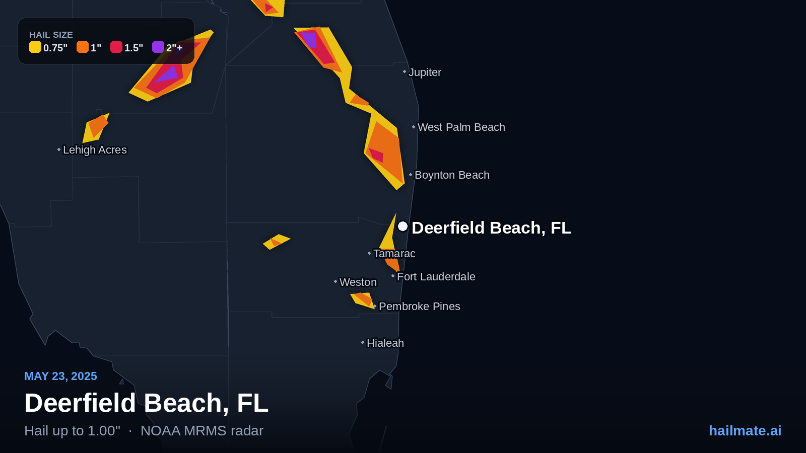 Hail swath map for Deerfield Beach, FL on May 23, 2025 showing 1.00 inch hail.