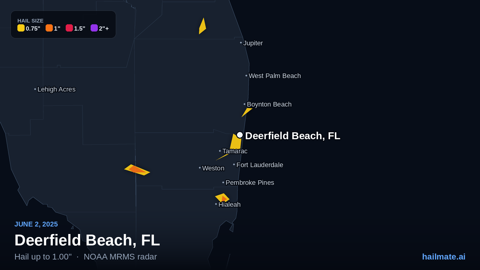 Hail swath map for Deerfield Beach, FL on June 2, 2025 showing 1.00 inch hail.