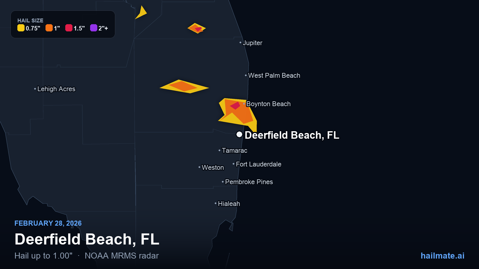Hail swath map for Deerfield Beach, FL on February 28, 2026 showing 1.00 inch hail.