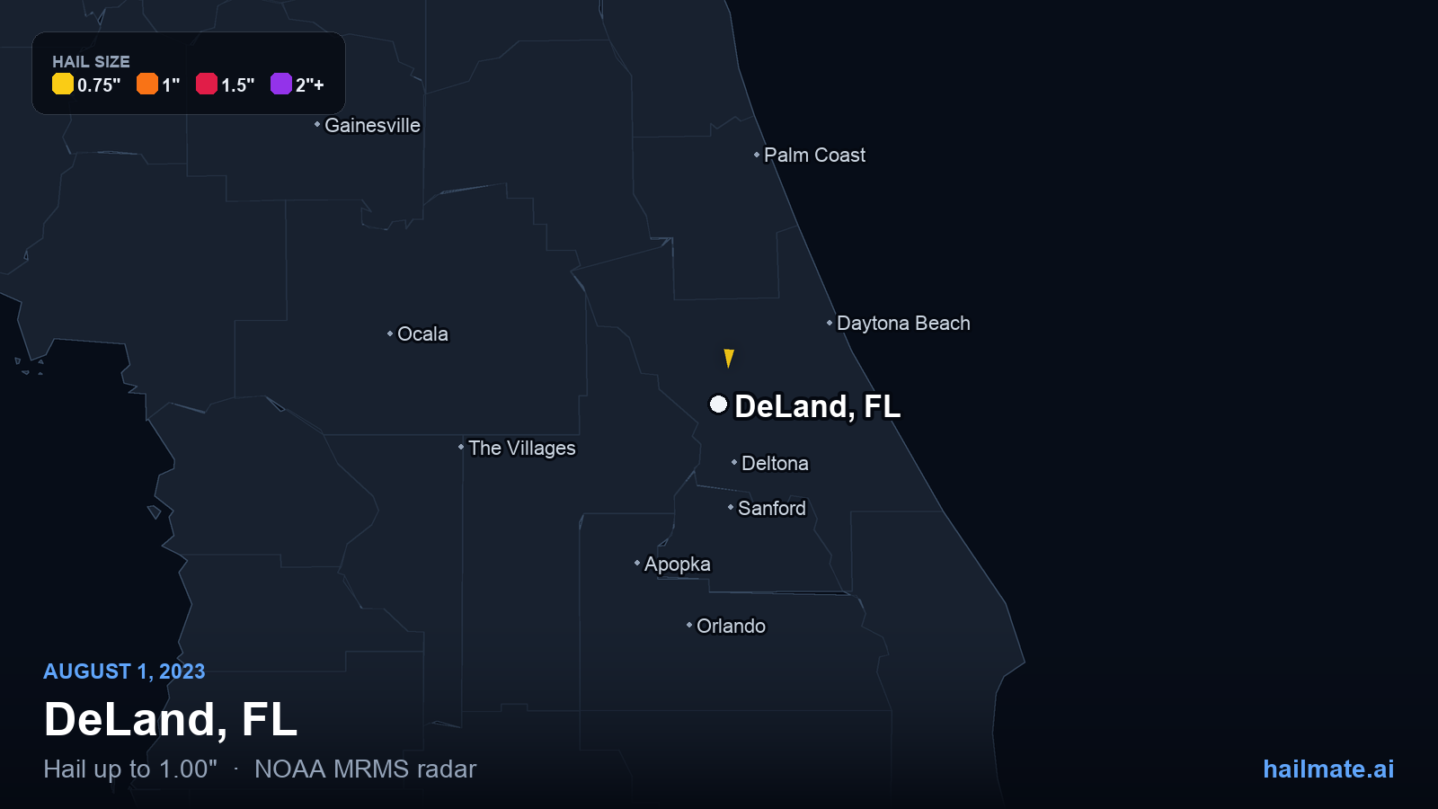 Hail swath map for DeLand, FL on August 1, 2023 showing 1.00 inch hail.